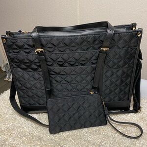Elegant Black Quilted Laptop Tote Bag with Wristlet